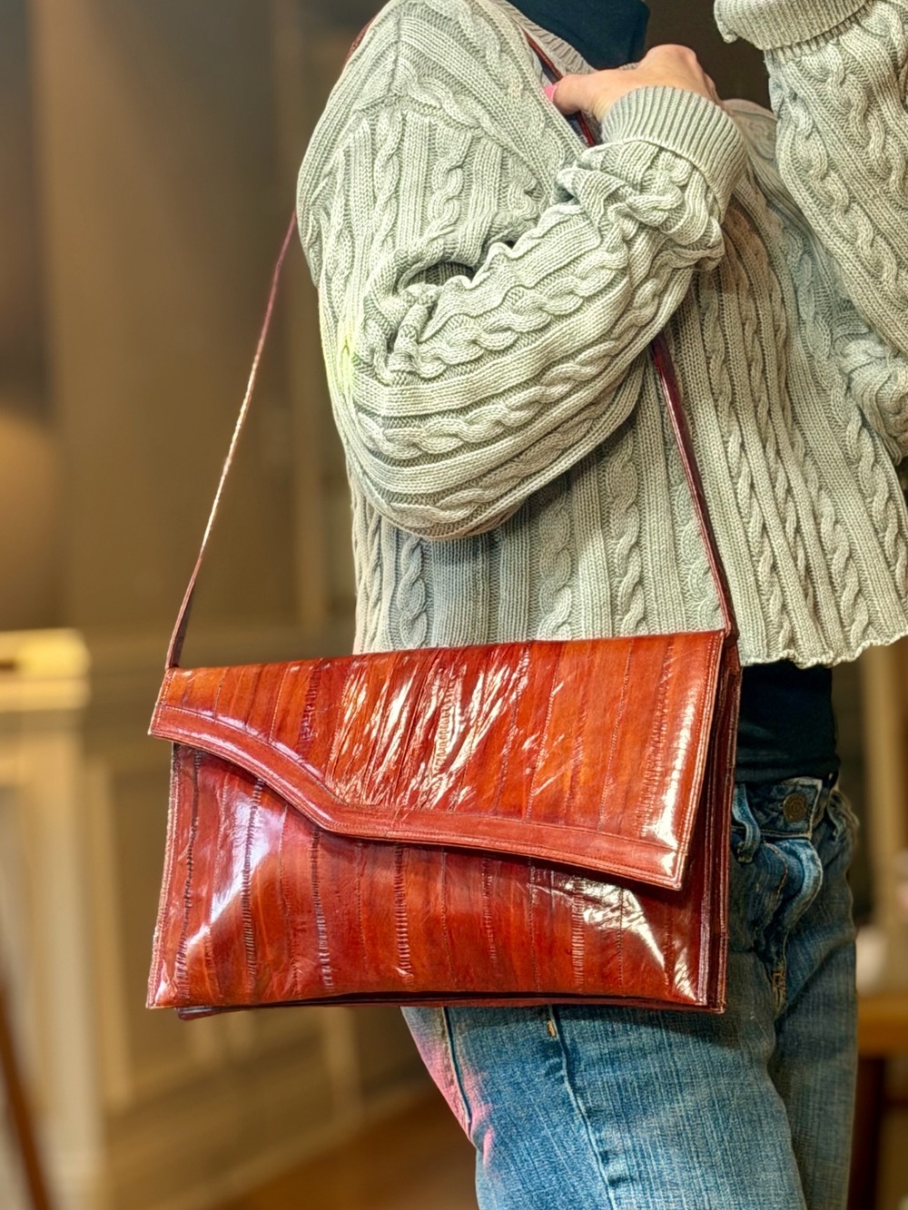 Vintage 1980’s Genuine Eel Skin Oxblood Envelope Clutch Shoulder Bag